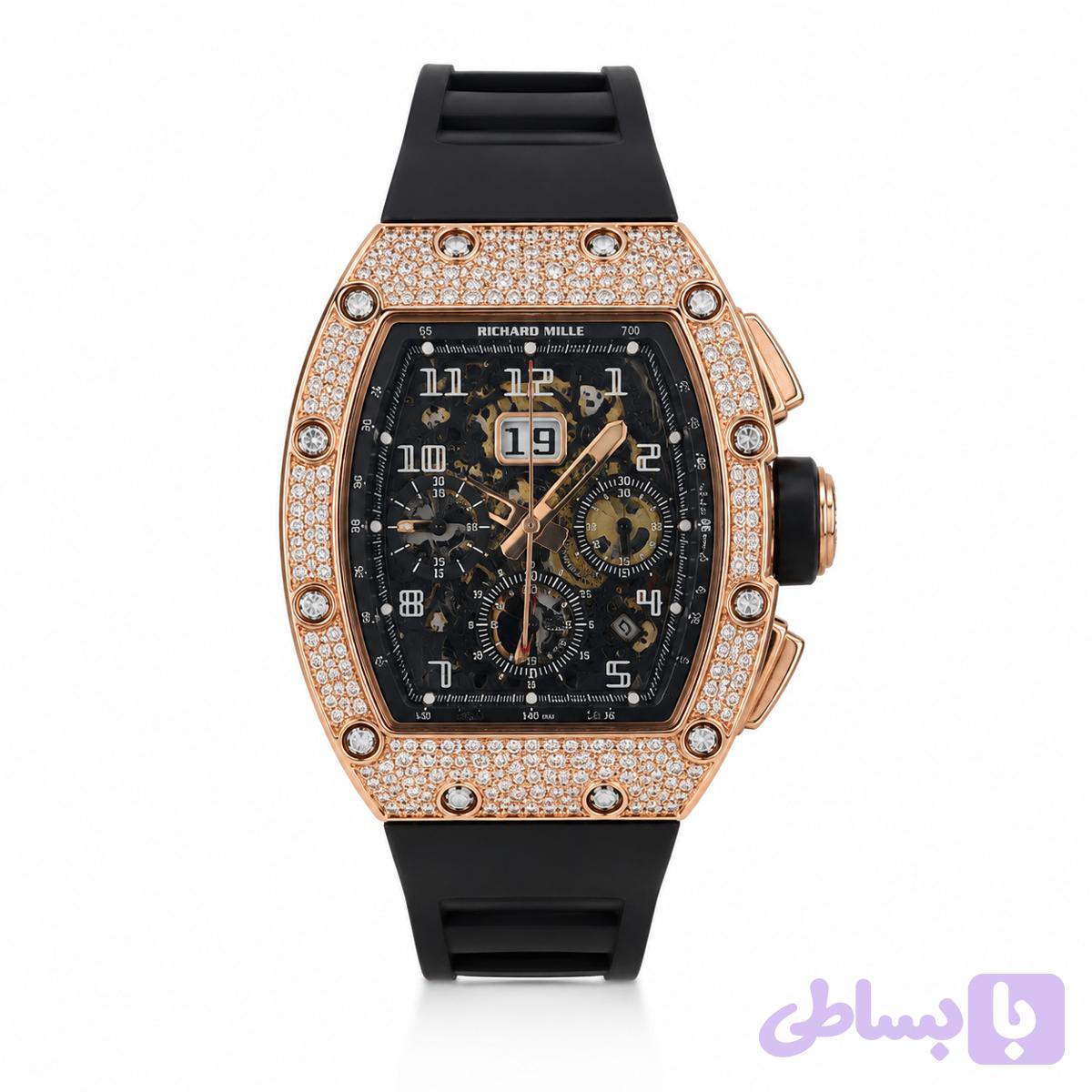 ساعت مچی مردانه RichardMille ریچارد میل سه موتور فعال اتوماتیک مکانیکی درب پشت شیشه ای موتور پیدا اسکلتون قاب پرنگین رزگلدفلزی بند رابر مشکی صفحه مشکی