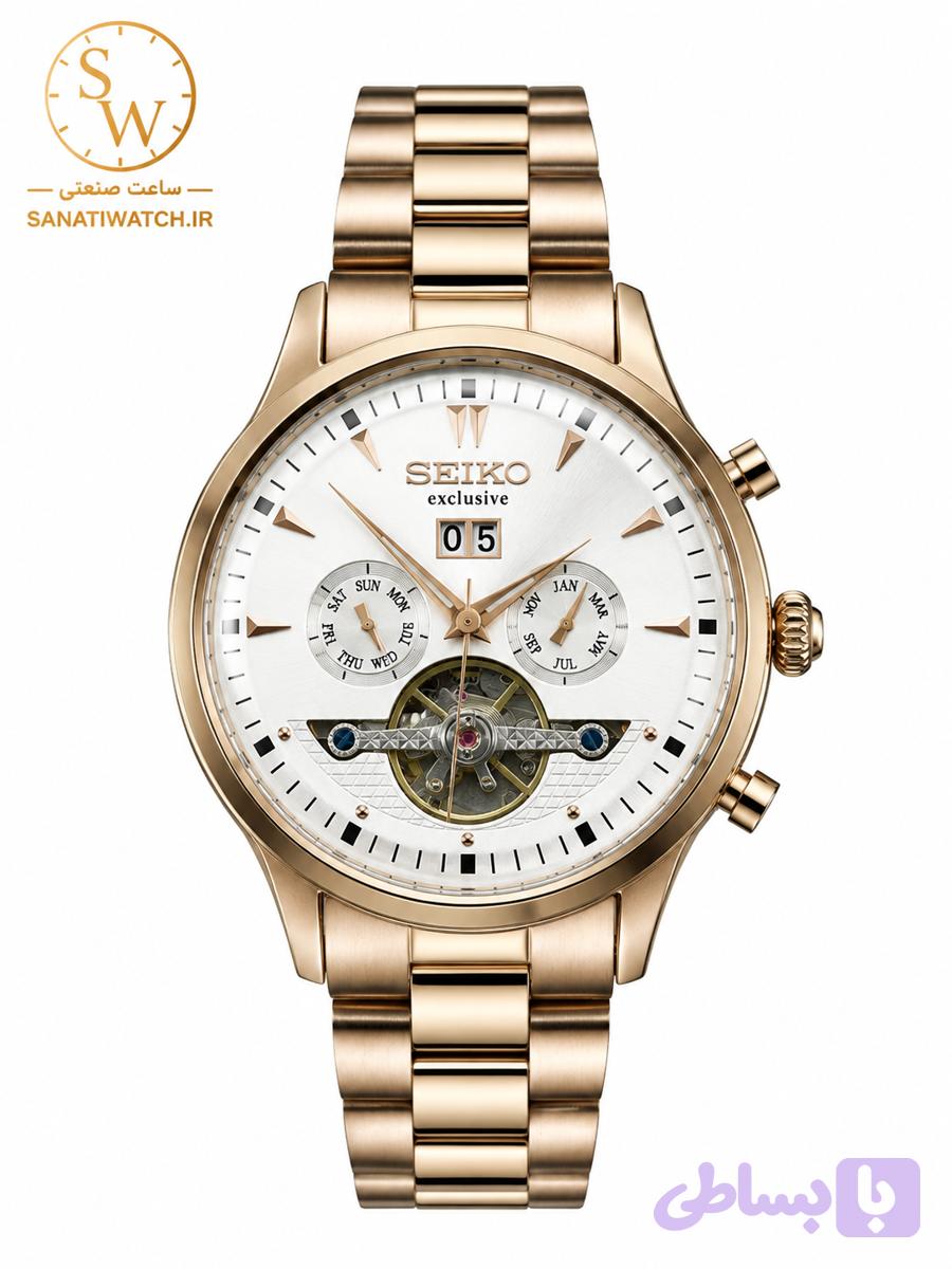 ساعت مچی مردانه SEIKO سیکو فلزی اتوماتیک مکانیکی اسکلتون درب پشت شیشه ای بند رزگلد صفحه استیل کد 3057