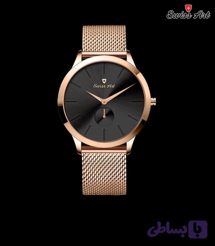 ساعت مچی مردانه SwissArt سوئیس آرت کلاسیک فلزی بند حصیری قاب و بند رزگلد صفحه قهوه ای سوخته زیرثانیه کد 920114