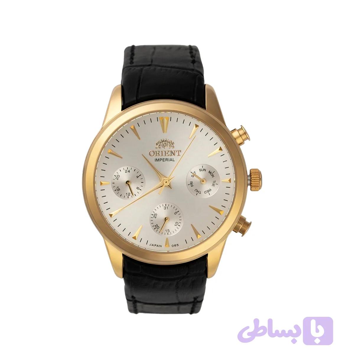 ساعت مچی زنانه ORIENT اورینت بند چرمی مشکی قفلدار سه موتور فعال فول تایم قاب طلایی صفحه استیل کد 085