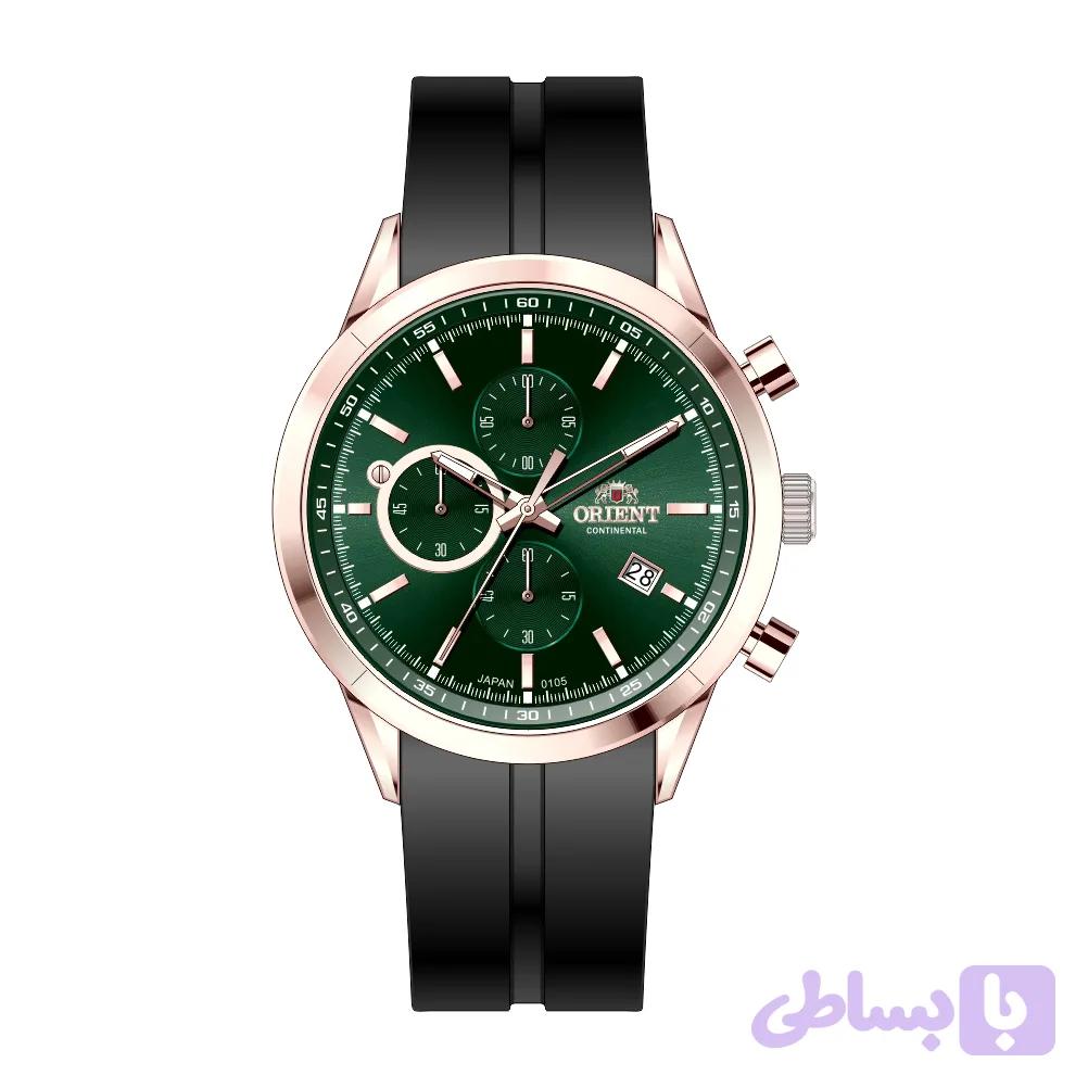 ساعت مچی مردانه ORIENT اورینت سه موتور فعال کورنوگراف بند رابر قاب رزگلد صفحه سبز کد 105