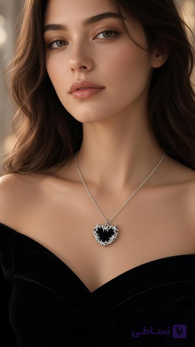 گردنبند قلب سنگی سیم خاردار مشکی