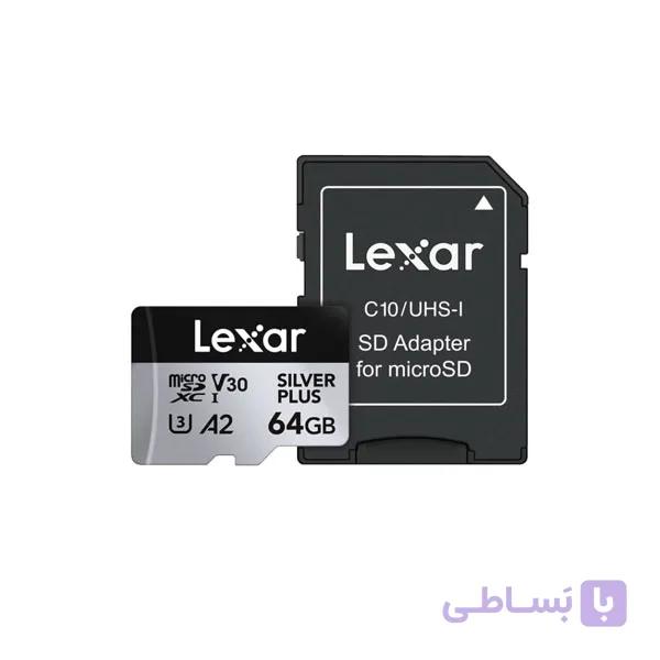 کارت حافظه microSDXC لکسار Lexarمدل SILVER PLUS کلاس A2 استاندارد UHS-U3 سرعت 205MBps ظرفیت 64 گیگابایت به همراه آداپتور SD — تصویر 1