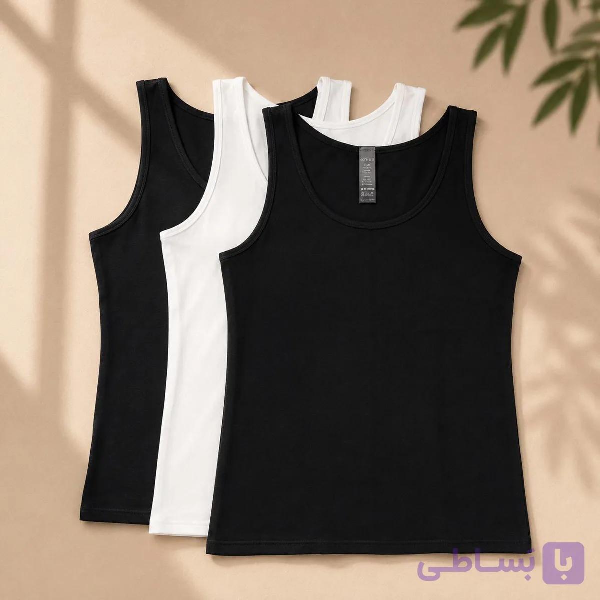 تاپ زنانه وارداتی اسمارا پک ۳ عددی کد ES-TP-302  | ترکیب ۲ مشکی و ۱ سفید نخی کشسان