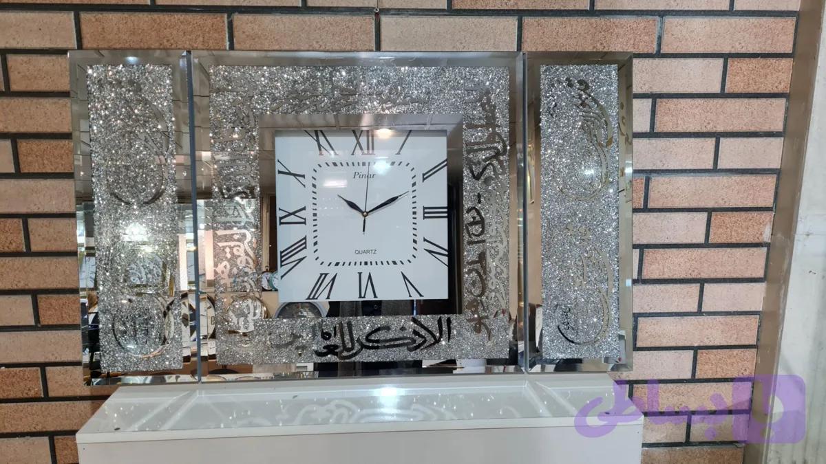ساعت دیواری سه تیکه آینه ای نگین دار مربع مدل لوکس آیه قرآن مختلف