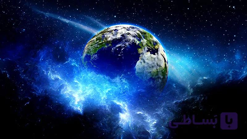 پوستر دیواری سیاره زمین در فضا – طرح کیهانی آبی و کهکشانی — تصویر 1