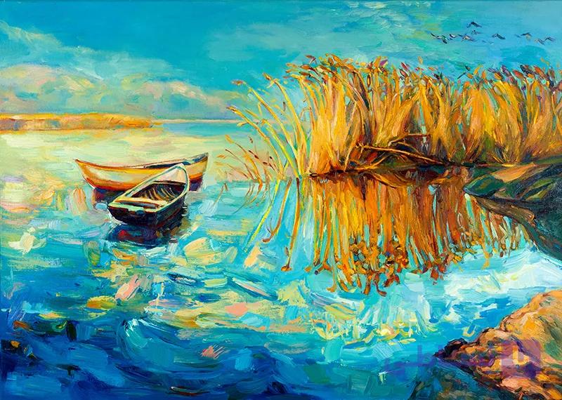 پوستر دیواری منظره قایق روی آب با سبک نقاشی روغنی – طبیعت آرامش‌بخش — تصویر 1