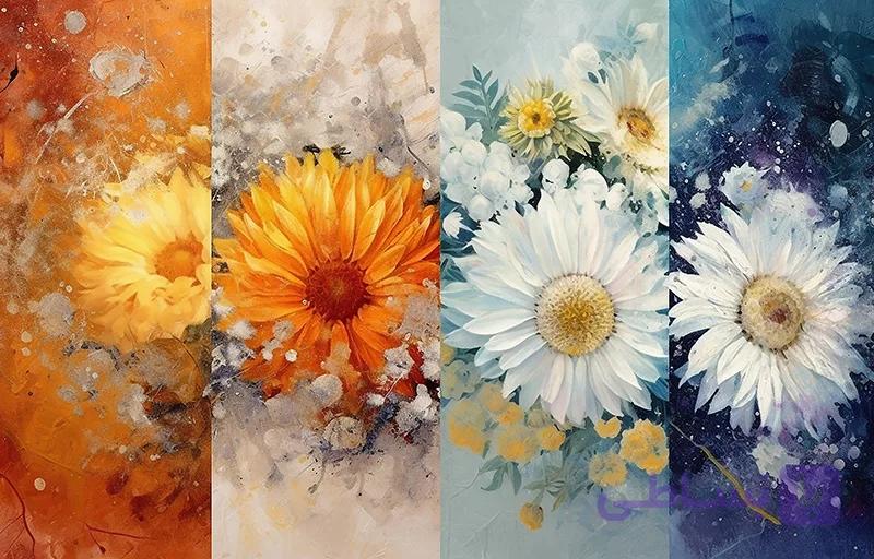 پوستر دیواری گل‌های سفید روی بوم آبی – طرح آبرنگی مدرن — تصویر 1