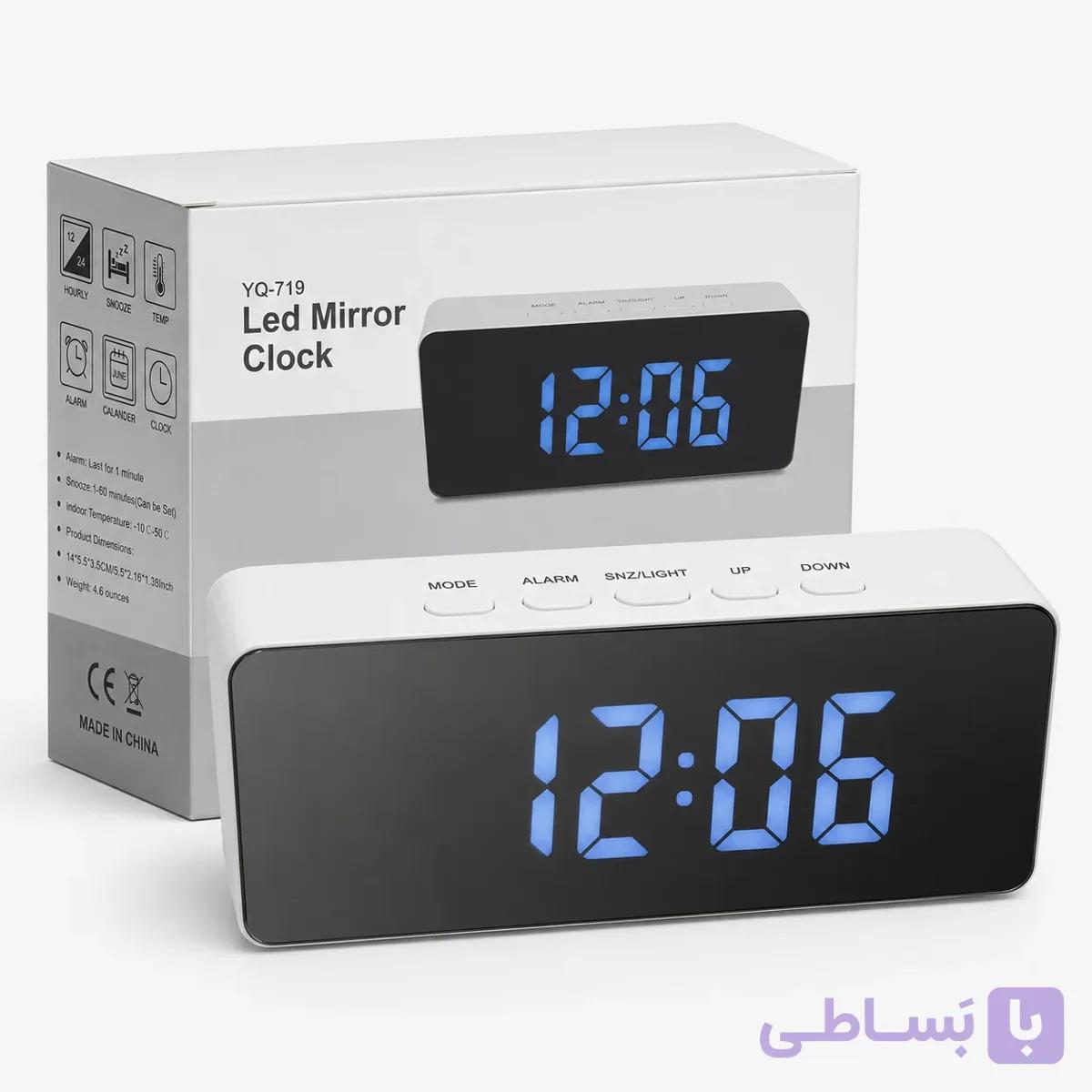 ساعت دیجیتال مشکی رومیزی آینه‌ای مدل YQ-719 با نمایش دما و تقویم