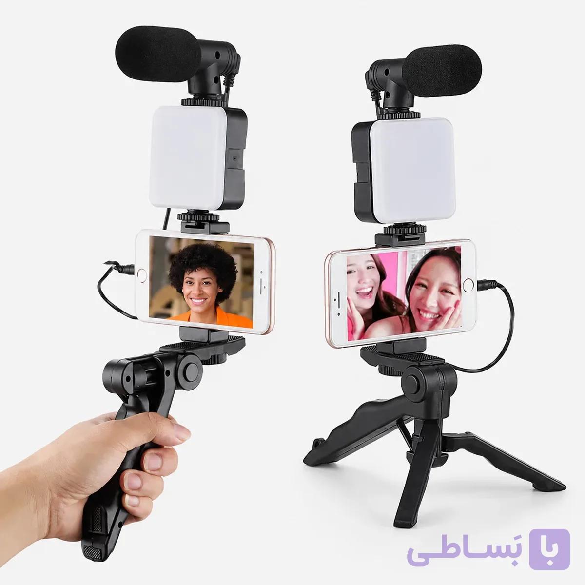 کیت ولاگری موبایل با میکروفون، نور LED و سه‌پایه دستی — تصویر 1