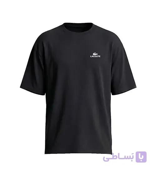 تیشرت یقه گرد مردانه باکسی طرح دار اسپان دورس مشکی Lacoste مدل 50434