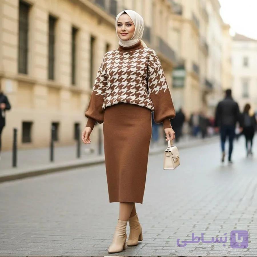 ست بلوز و دامن بافت زنانه Sevda_Brown مدل 3828 — تصویر 1