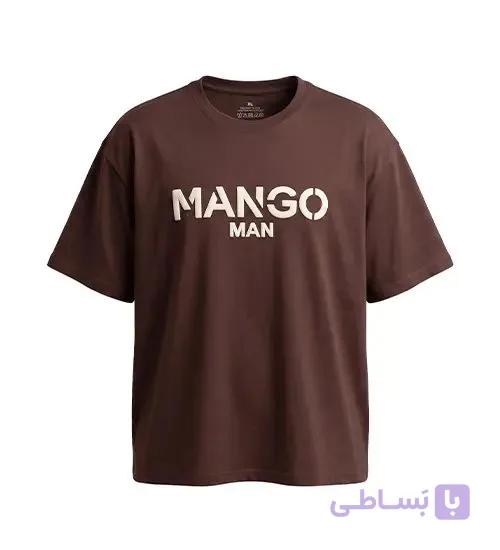 تیشرت یقه گرد مردانه باکسی طرح دار دورس پنبه شکلاتی Mango مدل 50817
