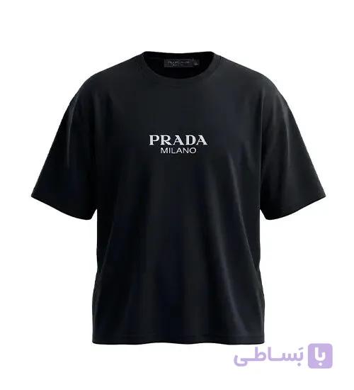 تیشرت یقه گرد مردانه باکسی طرح دار دورس پنبه مشکی Prada مدل 49673