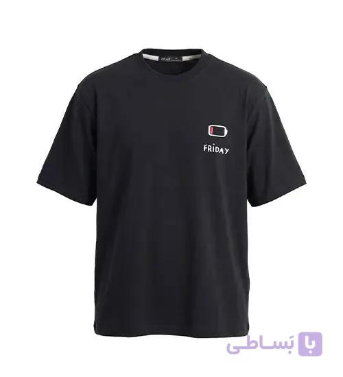 تیشرت یقه گرد مردانه باکسی طرح دار پنبه یک رو مشکی مدل 50621