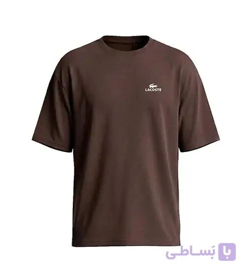 تیشرت یقه گرد مردانه باکسی طرح دار اسپان دورس شکلاتی Lacoste مدل 50433