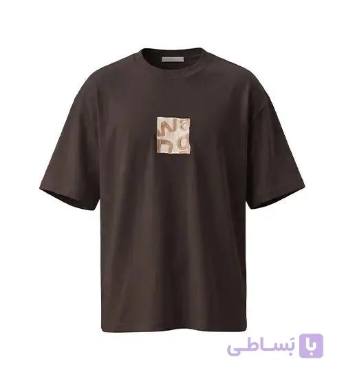 تیشرت یقه گرد مردانه باکسی طرح دار پنبه دو رو قهوه ای مدل 50880