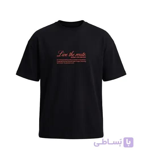 تیشرت یقه گرد مردانه باکسی طرح دار پنبه دو رو مشکی مدل 50966