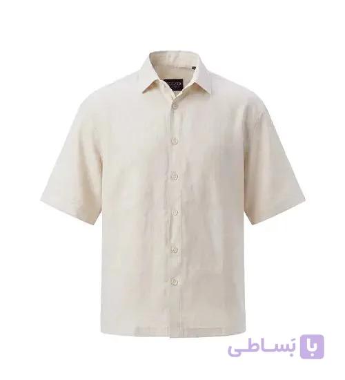 پیراهن آستین کوتاه مردانه باکسی ساده لینن کرم مدل 50665