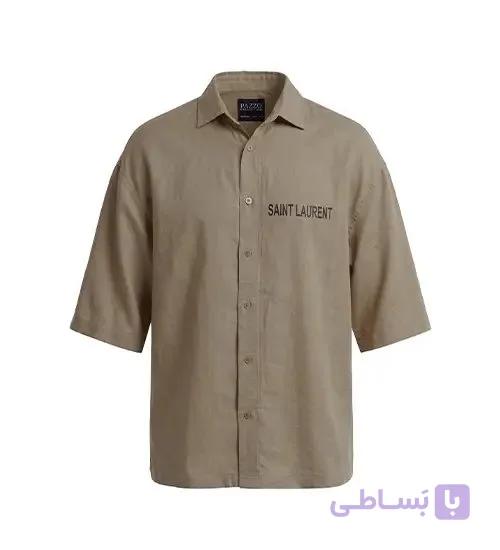 پیراهن آستین کوتاه مردانه باکسی طرح دار لینن کرم مدل 50970