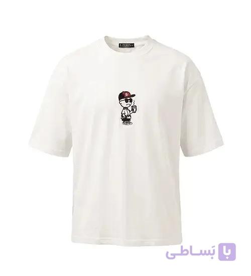 تیشرت یقه گرد مردانه باکسی طرح دار پنبه یک رو سفید مدل 50789
