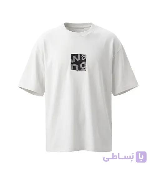 تیشرت یقه گرد مردانه باکسی طرح دار پنبه دو رو سفید مدل 50881