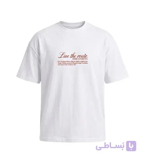 تیشرت یقه گرد مردانه باکسی طرح دار پنبه دو رو سفید مدل 50967