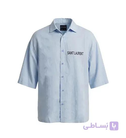 پیراهن آستین کوتاه مردانه باکسی طرح دار لینن آبی مدل 50974