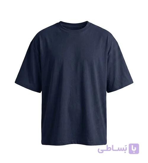 تیشرت یقه گرد مردانه باکسی ساده پنبه یک رو سرمه ای مدل 49485