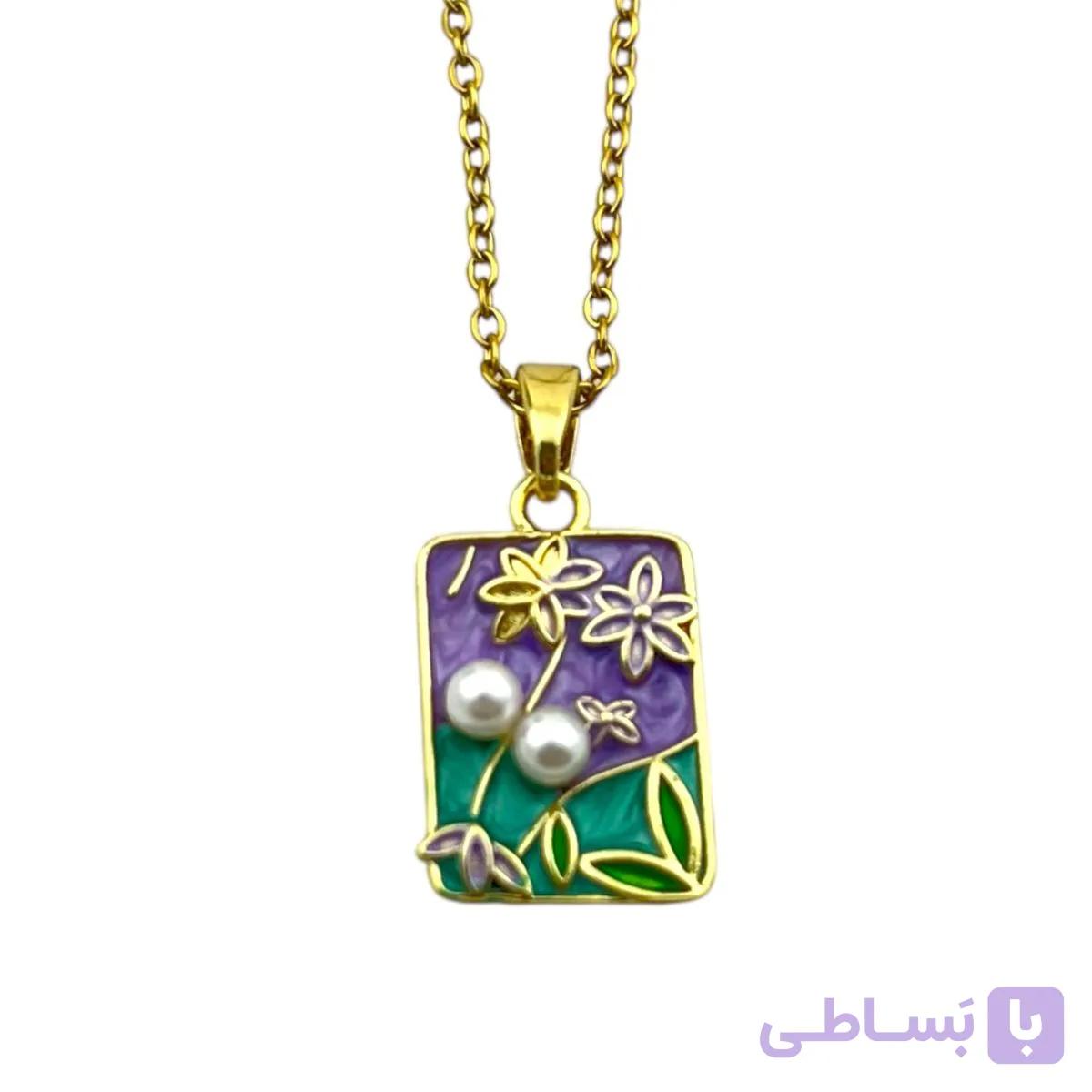 گردنبند زنانه میناکاری مدل گل و مروارید کد N4998 — تصویر 1