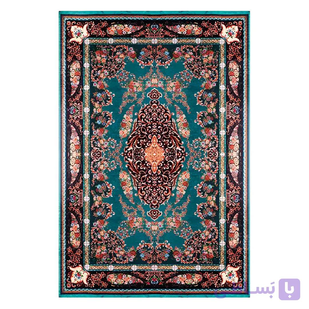 فرشینه مخمل ترک طرح لچک ترنج فیروزه ای پرکار کد O112 — تصویر 1
