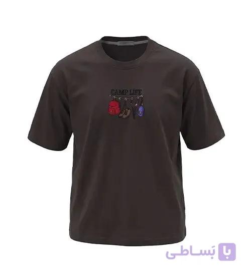 تیشرت یقه گرد مردانه باکسی طرح دار پنبه یک رو قهوه ای مدل 50604