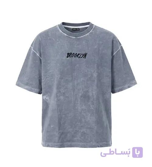 تیشرت یقه گرد مردانه باکسی طرح دار مچینست طوسی مدل 50938