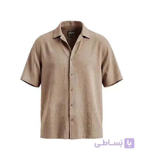 پیراهن آستین کوتاه مردانه باکسی ساده لینن کرم مدل 50943