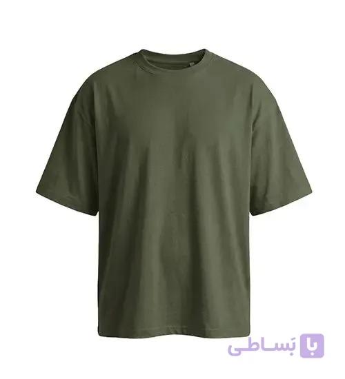 تیشرت یقه گرد مردانه باکسی ساده پنبه یک رو سبز ارتشی مدل 49486