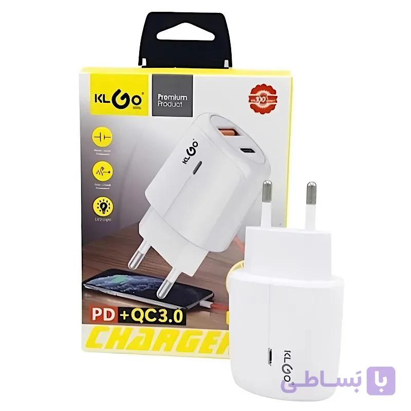 آداپتور شارژ 2 پورت USB-A و USB-C شارژ سریع 30 وات KLGO مدل PD-400 — تصویر 1