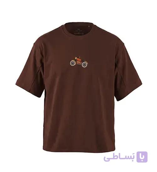 تیشرت یقه گرد مردانه باکسی طرح دار پنبه یک رو قهوه ای مدل 51017
