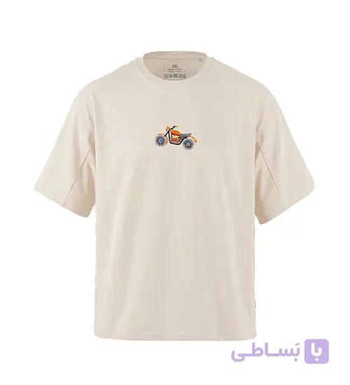 تیشرت یقه گرد مردانه باکسی طرح دار پنبه یک رو کرم مدل 51018