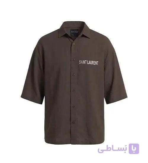 پیراهن آستین کوتاه مردانه باکسی طرح دار لینن قهوه ای مدل 50973