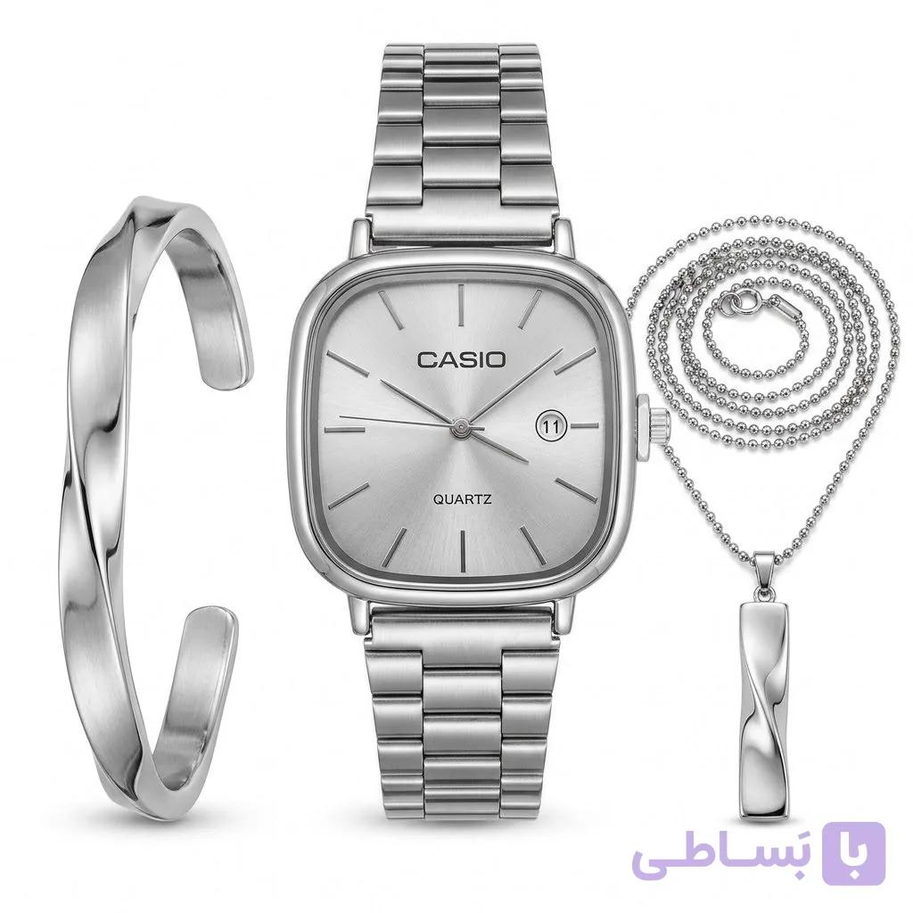 پکیج ساعت مردانه عقربه‌ای صفحه مربع کاسیو مشکی  ست گردنبند و بنگل پیچ خورده مشکی — تصویر 1