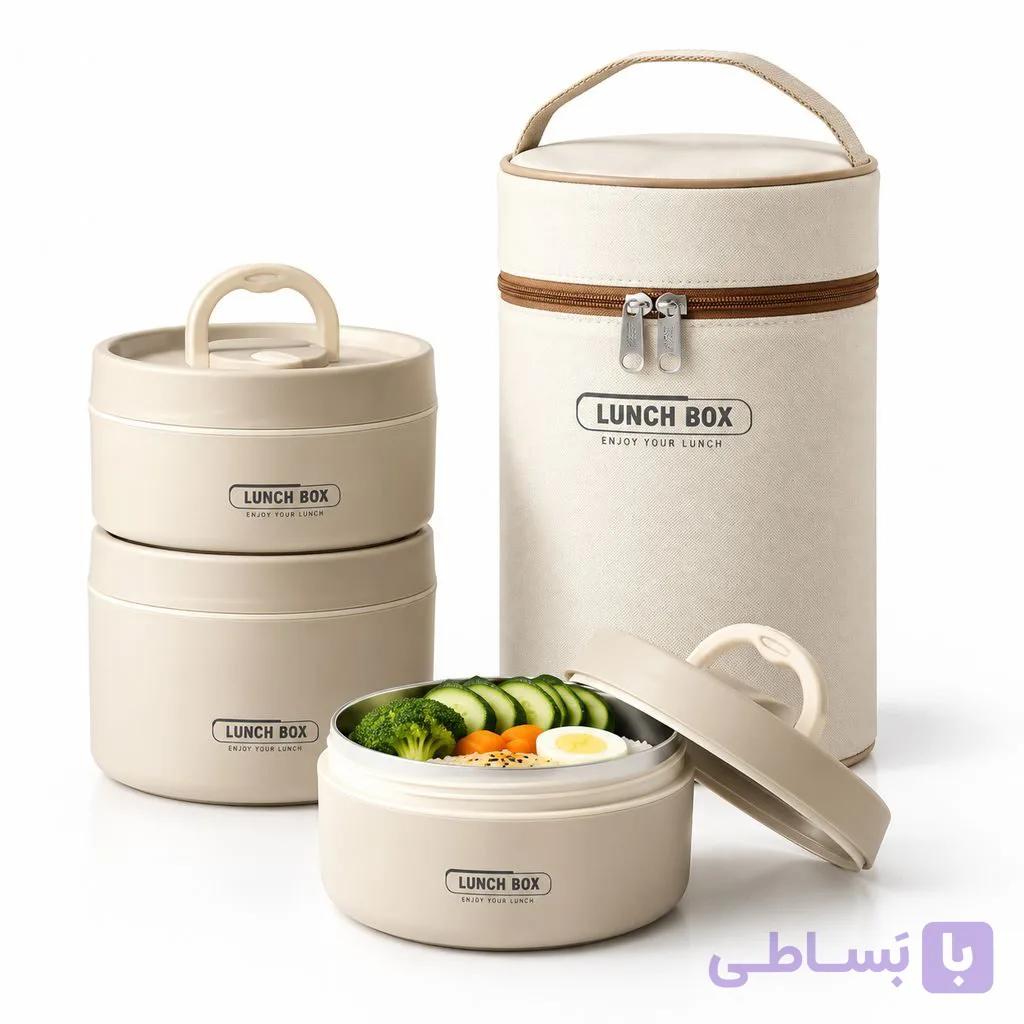 لانچ باکس استیل ۳ طبقه با‌کیفیت با کیف عایق دار (ظرف غذا سه تکه کیف دار) — تصویر 1