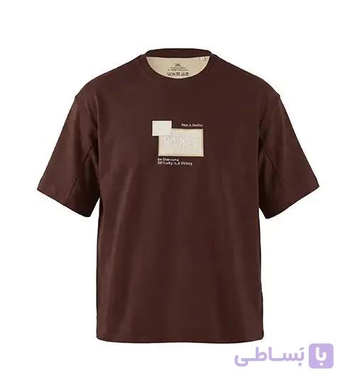 تیشرت یقه گرد مردانه باکسی طرح دار پنبه یک رو قهوه ای مدل 51020