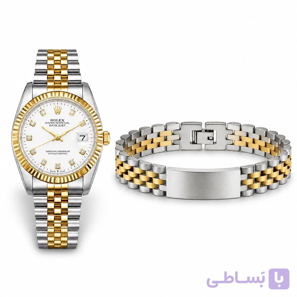 پکیج ساعت رولکس مردانه مدل Date Just-طلایی  دستبند Rolex مدل Date Just — تصویر 1
