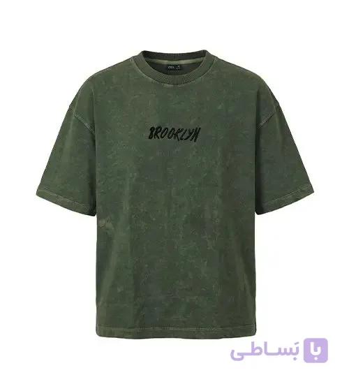 تیشرت یقه گرد مردانه باکسی طرح دار مچینست سبز مدل 50939