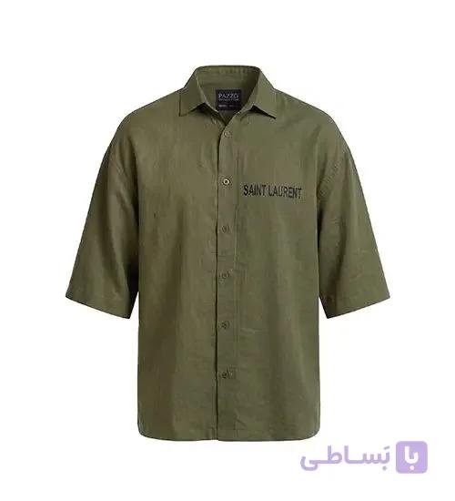 پیراهن آستین کوتاه مردانه باکسی طرح دار لینن سبز مدل 50971