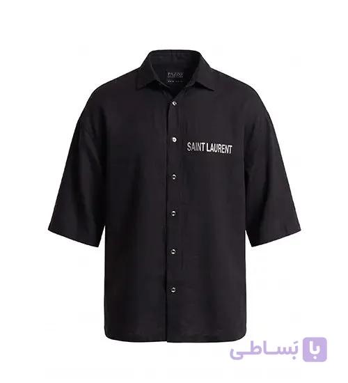 پیراهن آستین کوتاه مردانه باکسی طرح دار لینن مشکی مدل 50972