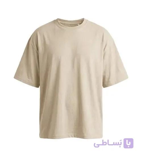 تیشرت یقه گرد مردانه باکسی ساده پنبه یک رو کرم مدل 49488