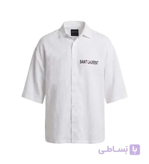 پیراهن آستین کوتاه مردانه باکسی طرح دار لینن سفید مدل 50975