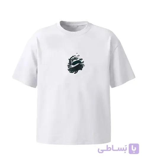 تیشرت یقه گرد مردانه باکسی طرح دار پنبه یک رو سفید مدل 50623