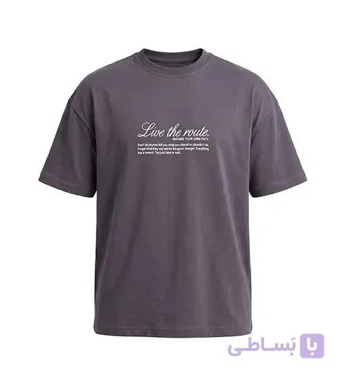 تیشرت یقه گرد مردانه باکسی طرح دار پنبه دو رو طوسی مدل 50969